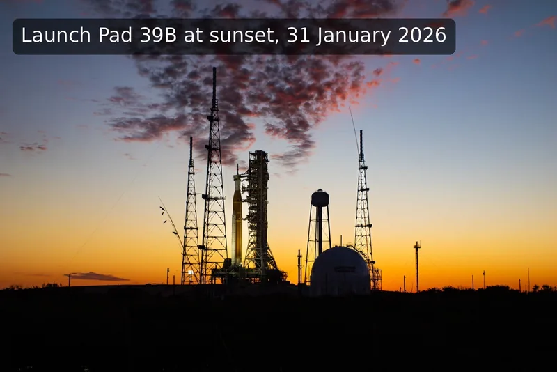 A caption in white text on a translucent dark rounded box over the sunset sky