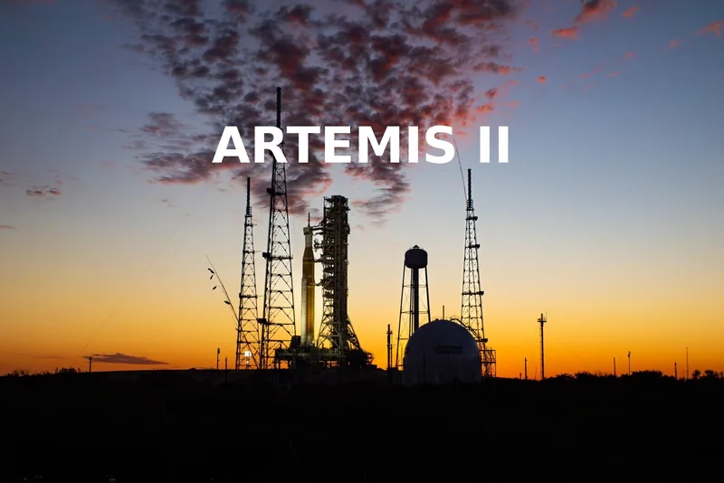 The words ARTEMIS II centred horizontally over a launch pad photo