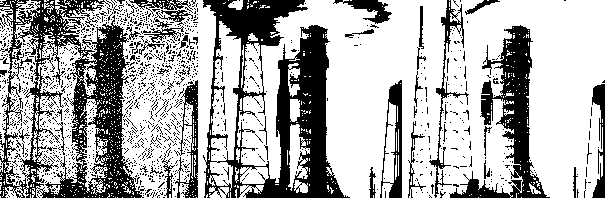 Three black-and-white versions of the rocket: a dithered dot pattern; a threshold at 128 with a black rocket and black cloud blobs; a threshold at 60 where the sunlit rocket turns white and only the darkest steelwork stays black