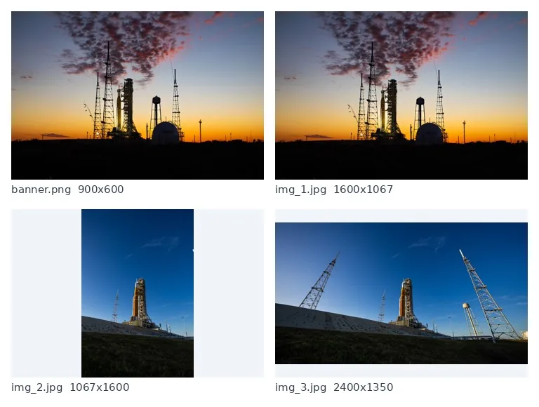 A 2 by 2 contact sheet of four photos, each letterboxed in a grey cell with its file name and size underneath