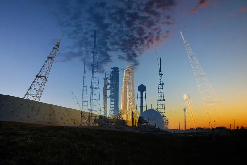 Two launch pad photos fading into each other from left to right