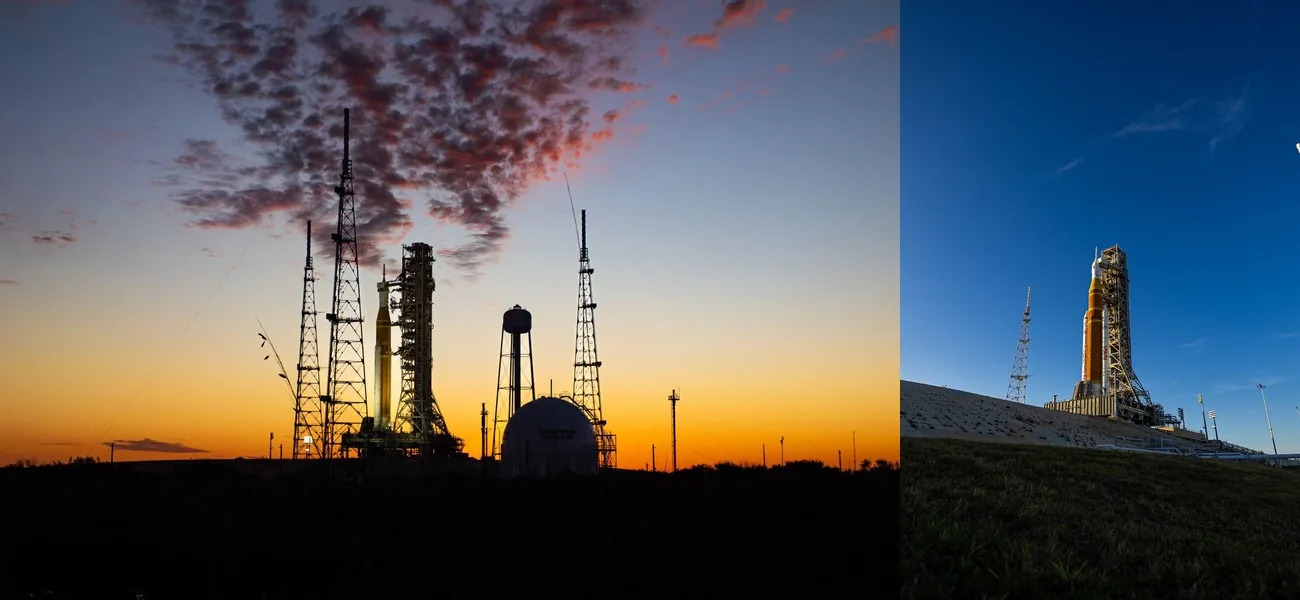 A landscape sunset photo of a launch pad next to a portrait photo of the rocket, joined at equal height