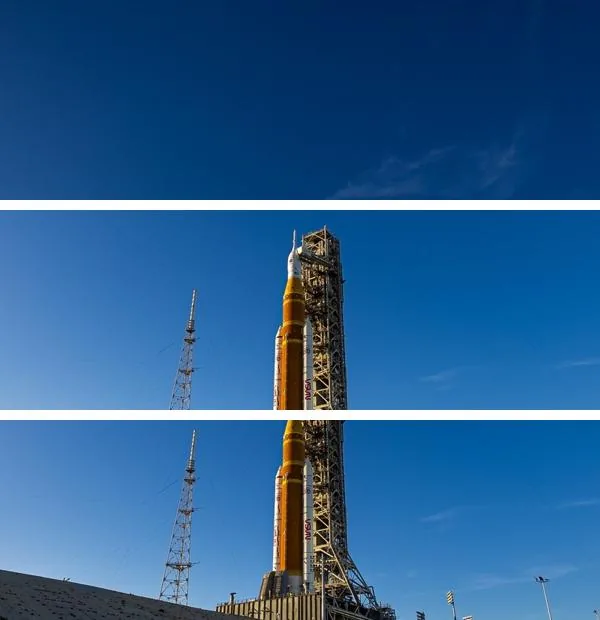 Three wide banners cut from a tall rocket photo: the first shows only blue sky, the second the top of the rocket, the third the whole rocket and launch tower