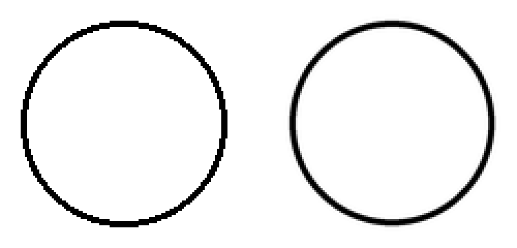 Two circles enlarged three times: the left with stair-stepped edges, the right with smooth grey edge pixels