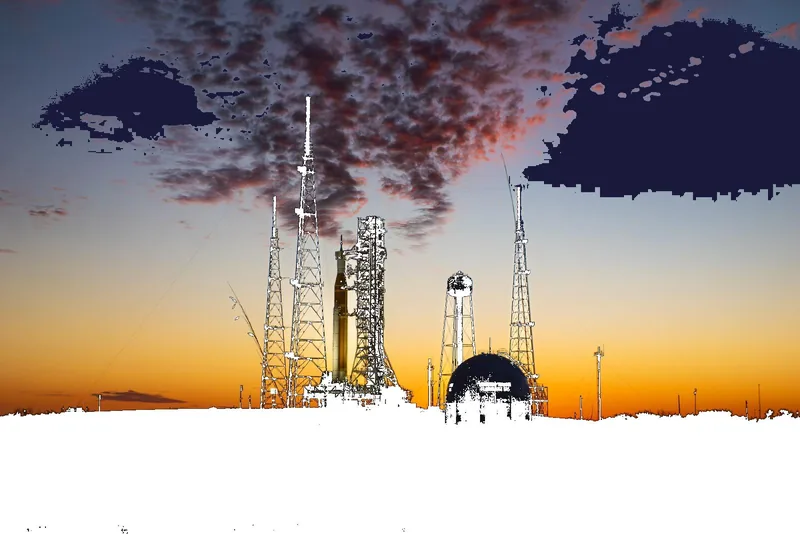 The sunset photo with clear blue sky painted dark navy and the black silhouettes turned white