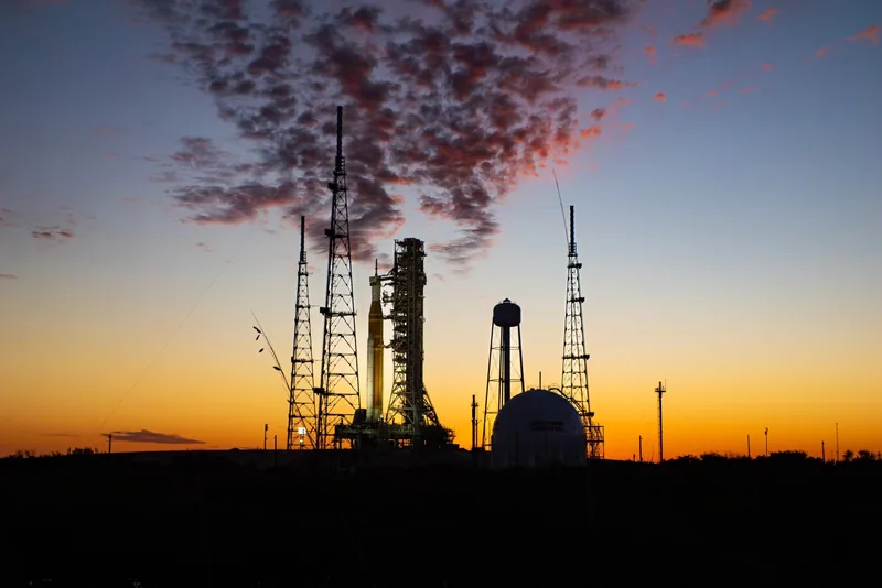 Original: the Artemis II rocket on Launch Pad 39B at sunset