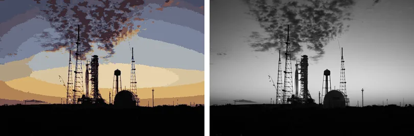 The sunset photo in 16 palette colours on the left, still in colour with visible banding, and in greyscale on the right