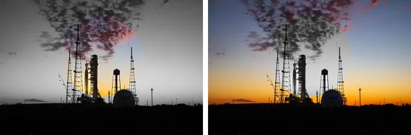 Left: the photo in greyscale except a colour circle in the middle; right: the photo in colour except a greyscale circle