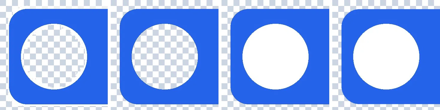 Four versions of the logo on a checkerboard: exact white leaves a white halo and removes the circle; tolerance removes the circle; flood fill keeps the circle; soft edges keeps the circle with smooth edges