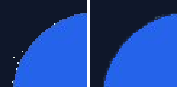 Two enlarged corners of the blue logo on a dark background: the left has white specks along the edge, the right a clean smooth edge