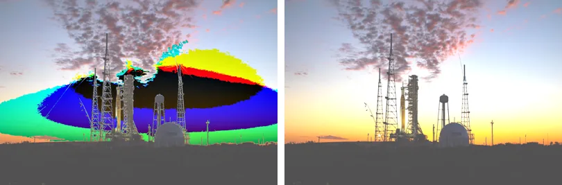 Left: brightened photo with wrapped-around colours; right: the same with values clipped correctly