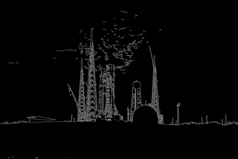 Canny edge detection result of the launch pad photo: white outlines on black