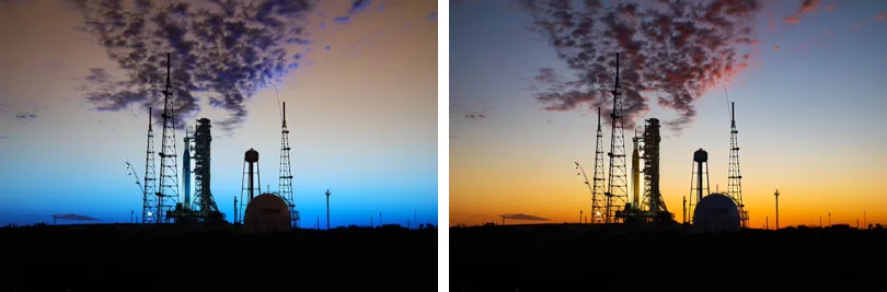Left: the sunset photo with orange turned blue because of missing BGR to RGB conversion; right: correct colours