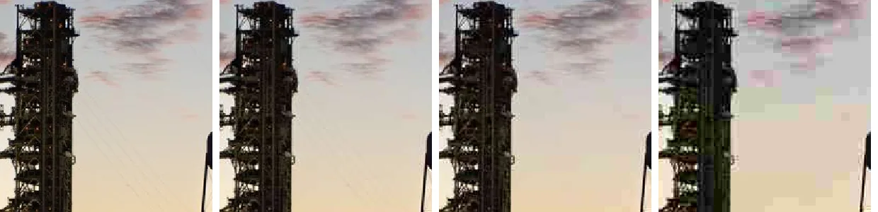 Four zoomed crops of the rocket saved at JPEG quality 90, 60, 30 and 10, showing increasing blockiness