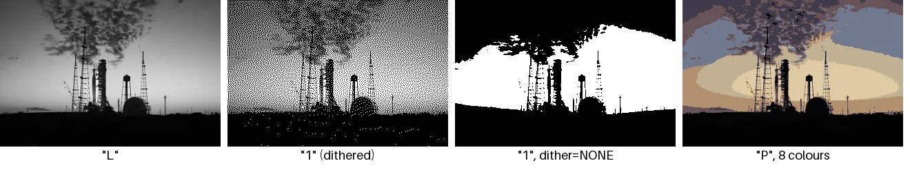 The same photo converted to L, 1 with dithering, 1 without dithering and an 8-colour palette
