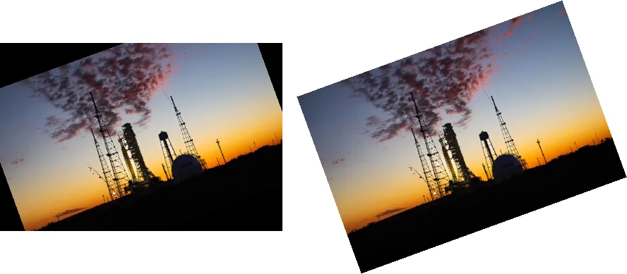Left: rotated image with corners cut off; right: rotated with expand=True and a white background