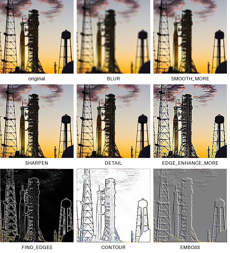 A grid of nine crops of the rocket and tower: original, BLUR, SMOOTH_MORE, SHARPEN, DETAIL, EDGE_ENHANCE_MORE, FIND_EDGES, CONTOUR and EMBOSS