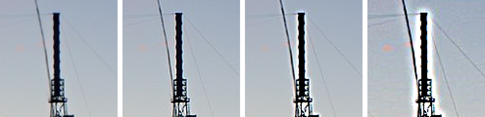 Four enlarged crops of a lattice tower: original, SHARPEN, a moderate unsharp mask and a strong one with visible halos