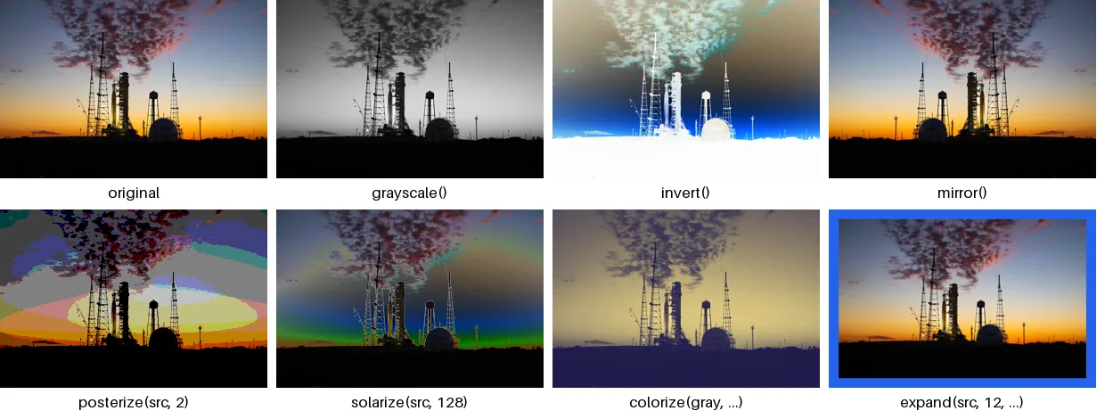 A grid showing a photo after grayscale, invert, mirror, posterize, solarize, colorize and expand