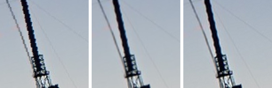 Three enlarged crops of a lattice tower rotated 12 degrees: nearest neighbour is jagged, bilinear is smooth but soft, bicubic is smooth and sharper