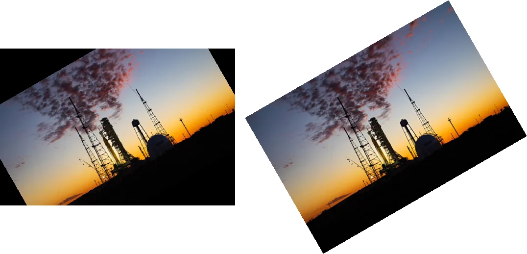 Left: the photo rotated 30 degrees inside its original frame, with corners cut off and black triangles; right: the whole photo rotated on a larger white canvas