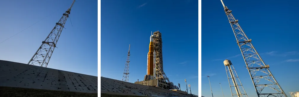 A wide launch pad photo split into three square slides shown side by side with small gaps